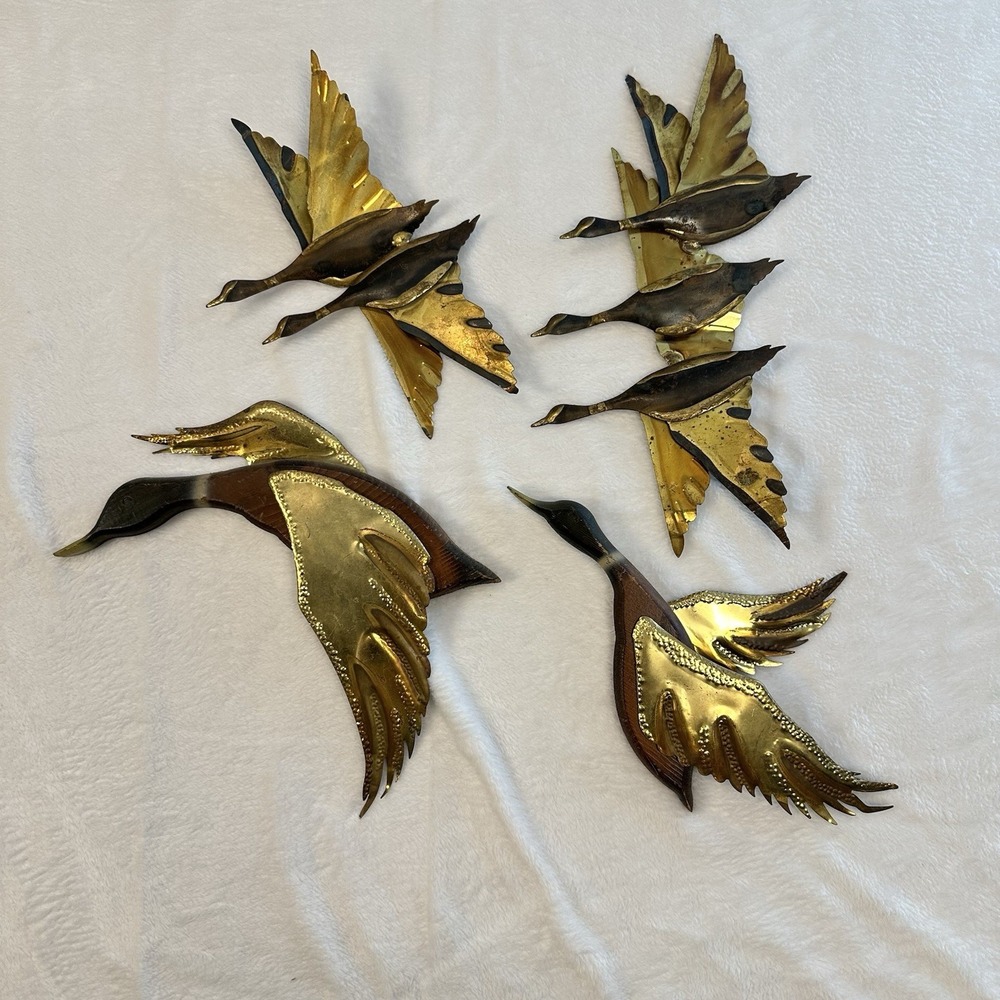 Vintage MCM  Flying Ducks Geese Brass Metal Welded  Wall Art Hanging Set of 4